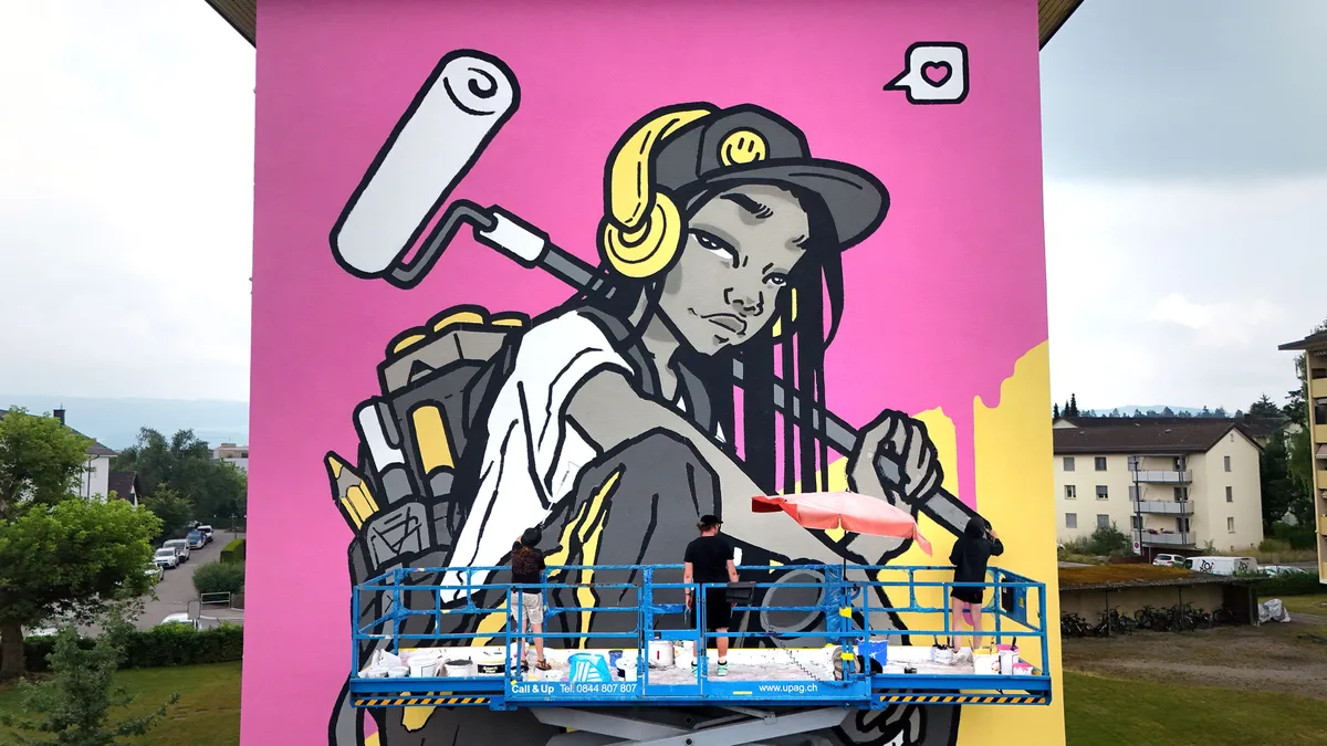 Ihre Kunst ist eine Hommage an die Hip-Hop-Kultur. Street-Art auf zwei Ustermer Wohnblöcken.